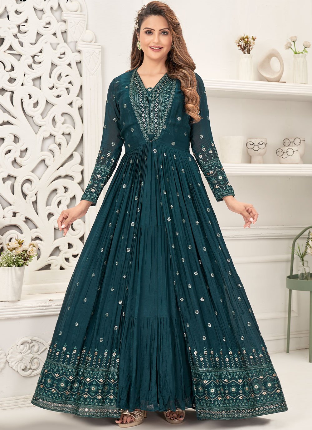 Gown Chinon Teal Embroidered Gown