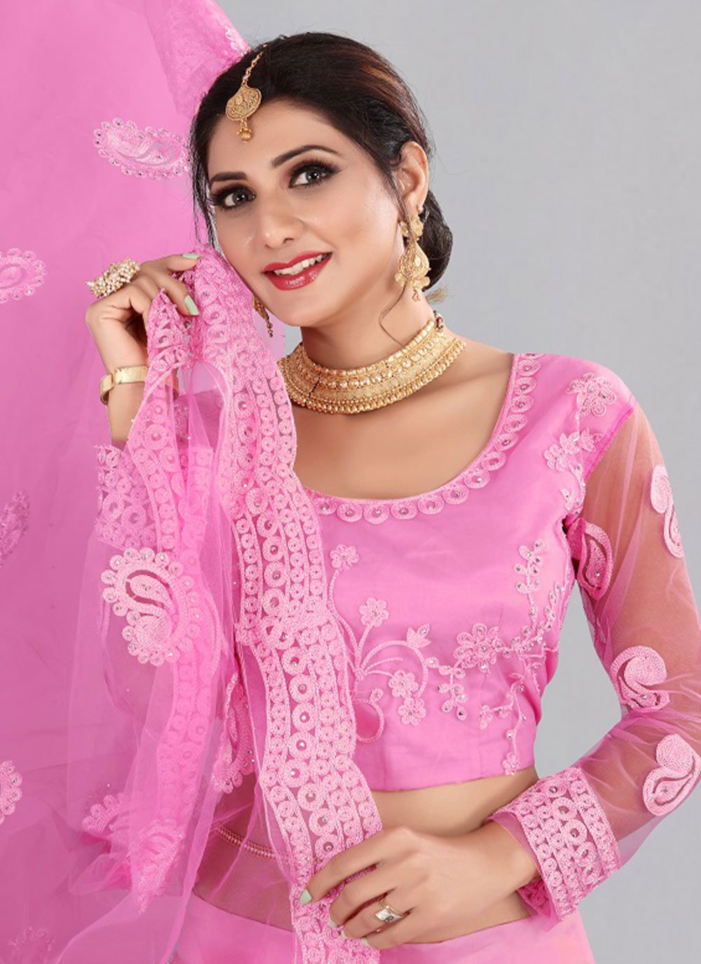 Lehenga Choli Net Pink Embroidered Lehenga Choli