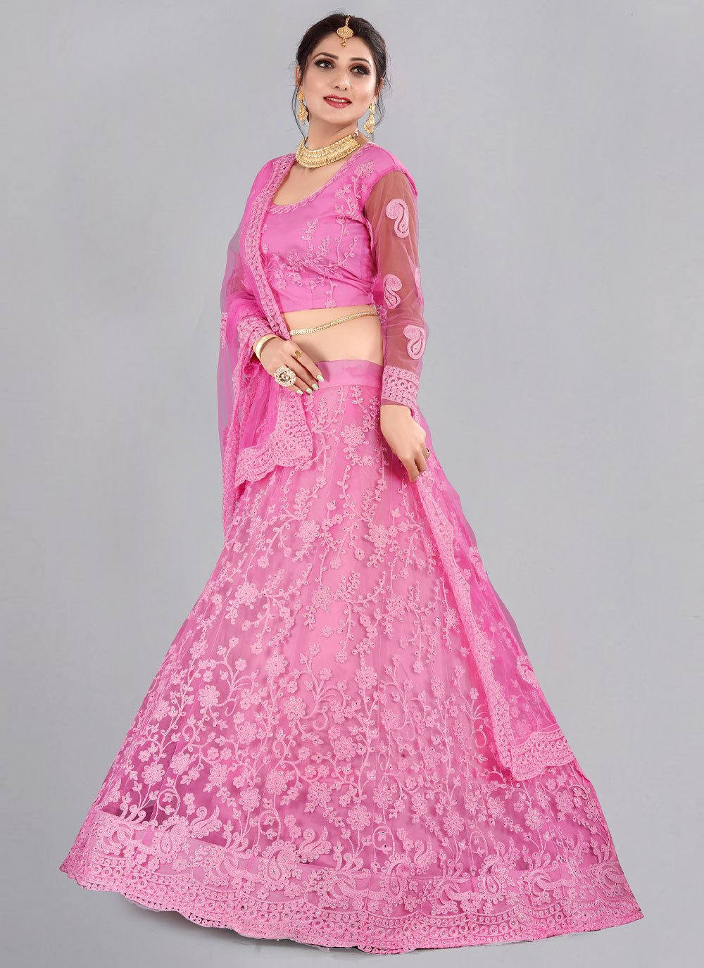 Lehenga Choli Net Pink Embroidered Lehenga Choli