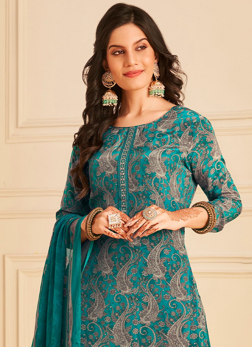 Salwar Suit Pure Crepe Teal Embroidered Salwar Kameez