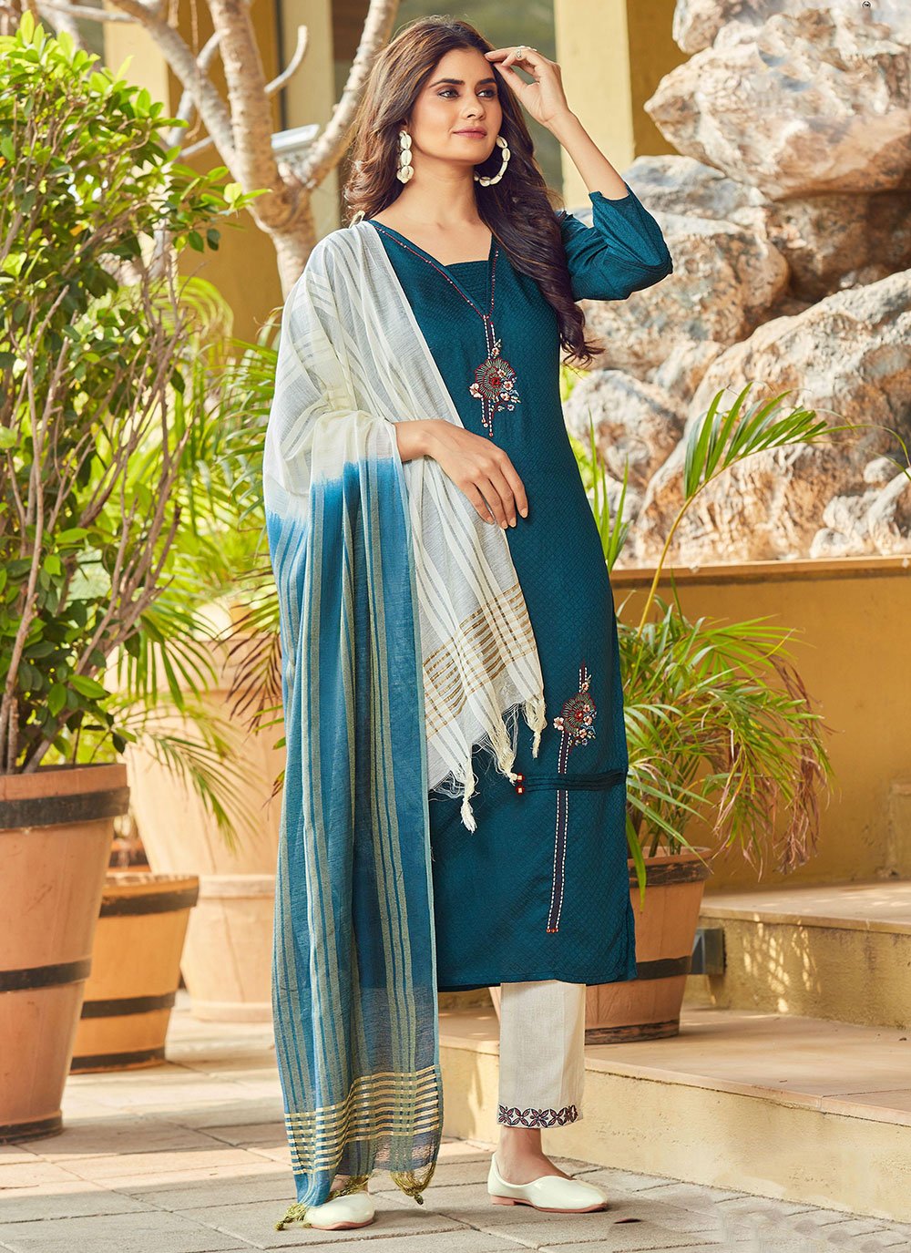 Salwar Suit Viscose Teal Embroidered Salwar Kameez