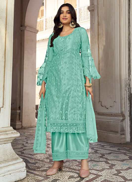 Salwar Suit Net Turquoise Embroidered Salwar Kameez