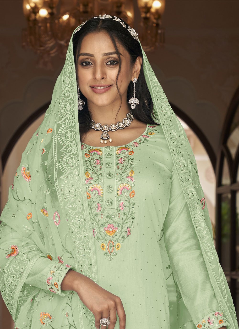 Salwar Suit Faux Georgette Sea Green Embroidered Salwar Kameez