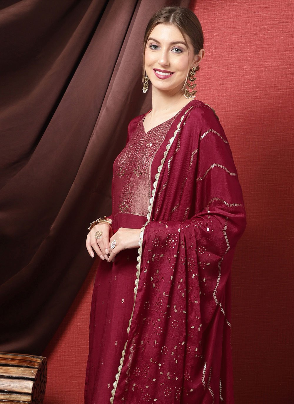 Salwar Suit Silk Maroon Embroidered Salwar Kameez