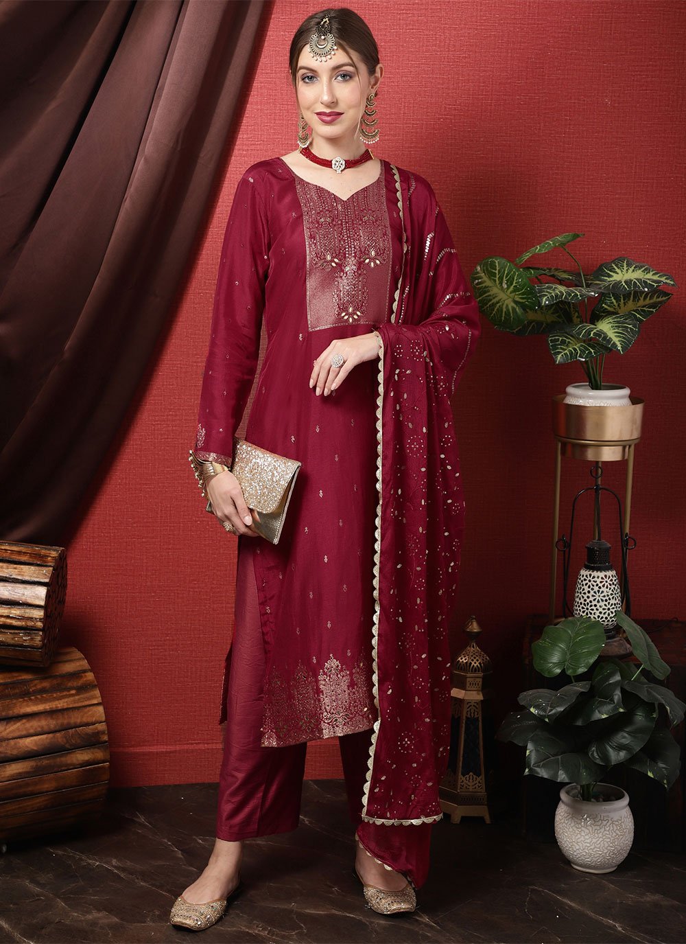 Salwar Suit Silk Maroon Embroidered Salwar Kameez