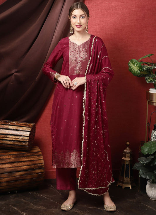 Salwar Suit Silk Maroon Embroidered Salwar Kameez