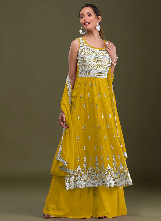 Salwar Suit Faux Georgette Yellow Embroidered Salwar Kameez