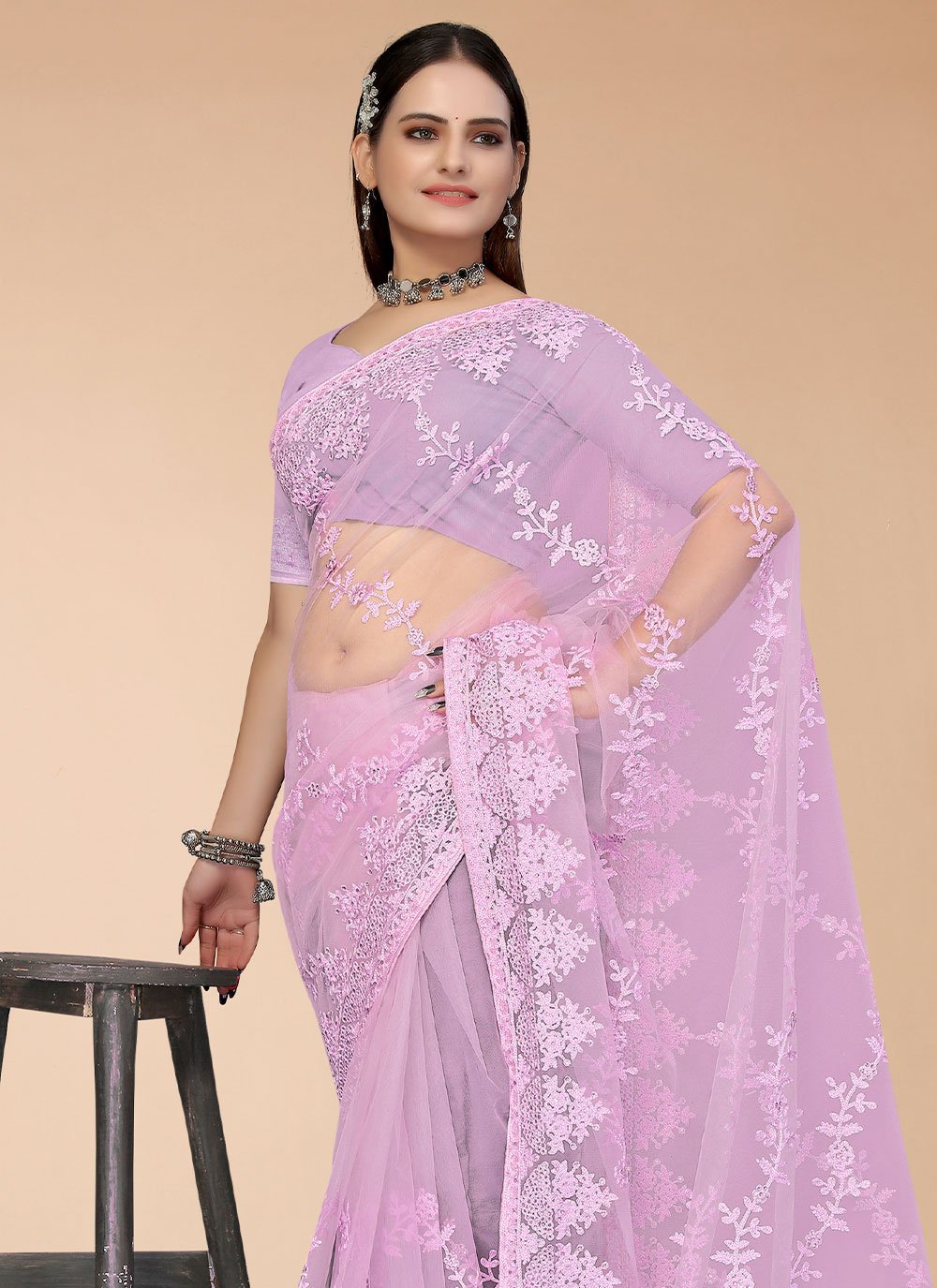 Trendy Saree Net Purple Embroidered Saree