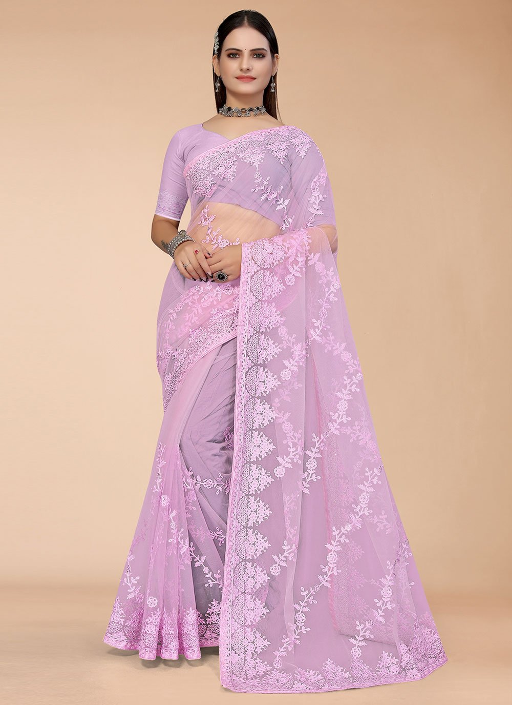 Trendy Saree Net Purple Embroidered Saree