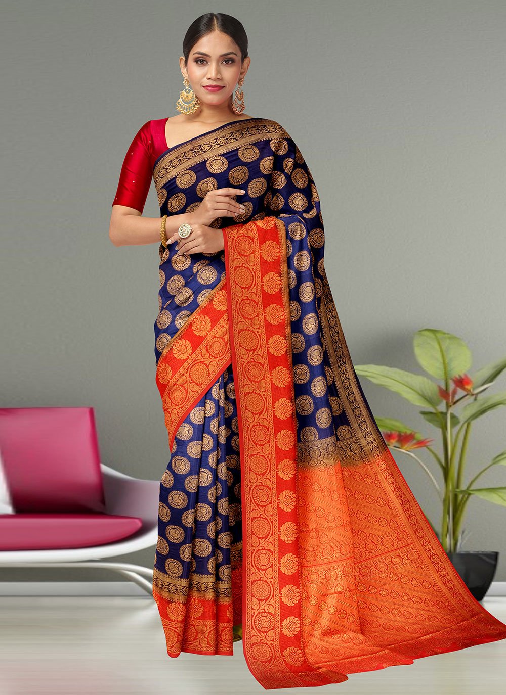Trendy Saree Kanjivaram Silk Blue Embroidered Saree