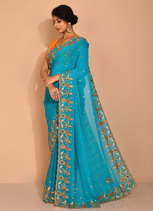 Trendy Saree Georgette Blue Embroidered Saree