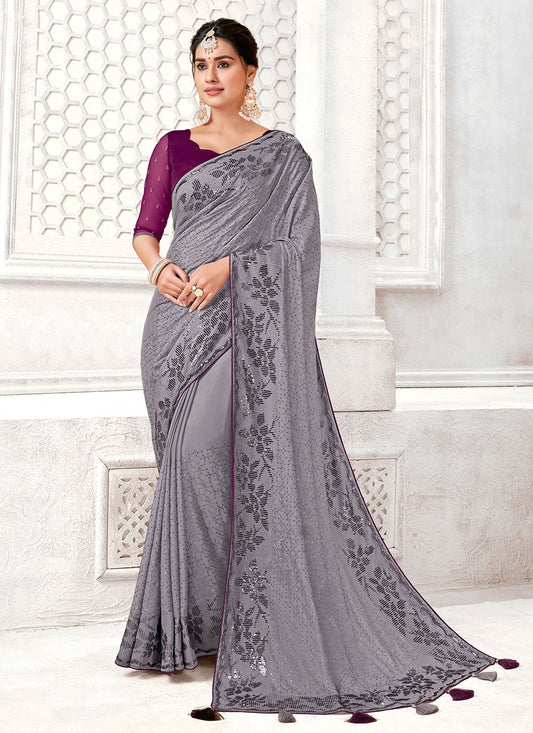 Trendy Saree Polyester Grey Digital Print Saree