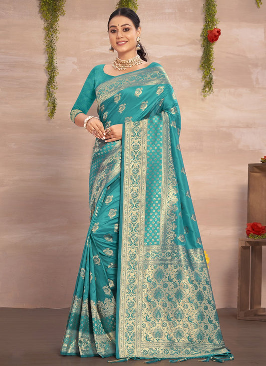 Designer Silk Turquoise Embroidered Saree