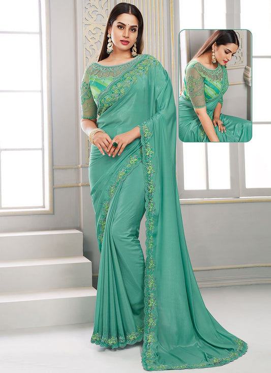 Classic Polyester Turquoise Embroidered Saree