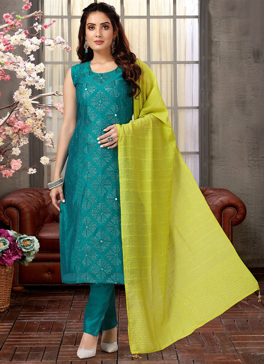 Salwar Suit Silk Turquoise Embroidered Salwar Kameez