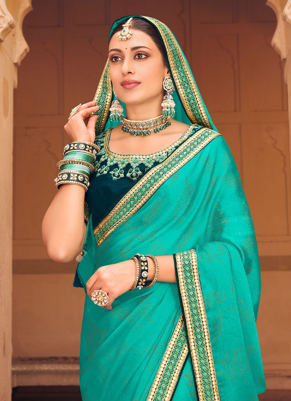 Trendy Saree Chiffon Satin Turquoise Embroidered Saree