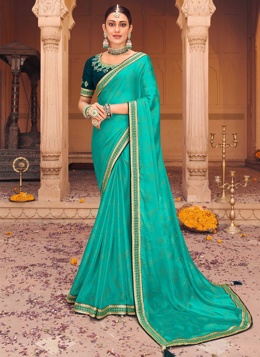 Trendy Saree Chiffon Satin Turquoise Embroidered Saree