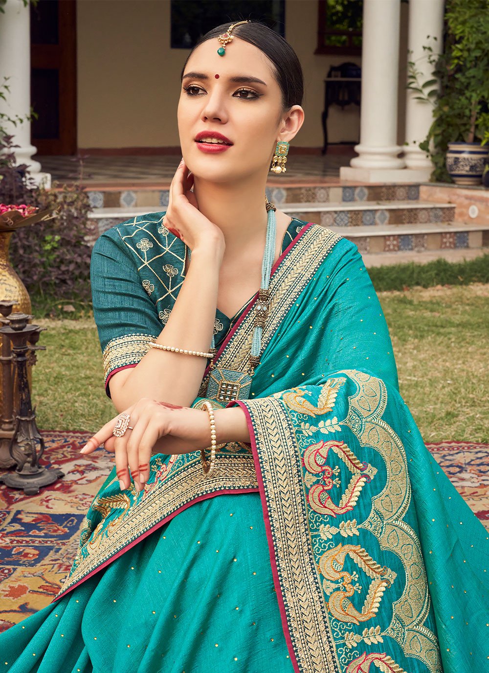 Contemporary Vichitra Silk Turquoise Embroidered Saree