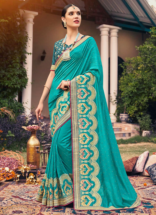 Contemporary Vichitra Silk Turquoise Embroidered Saree