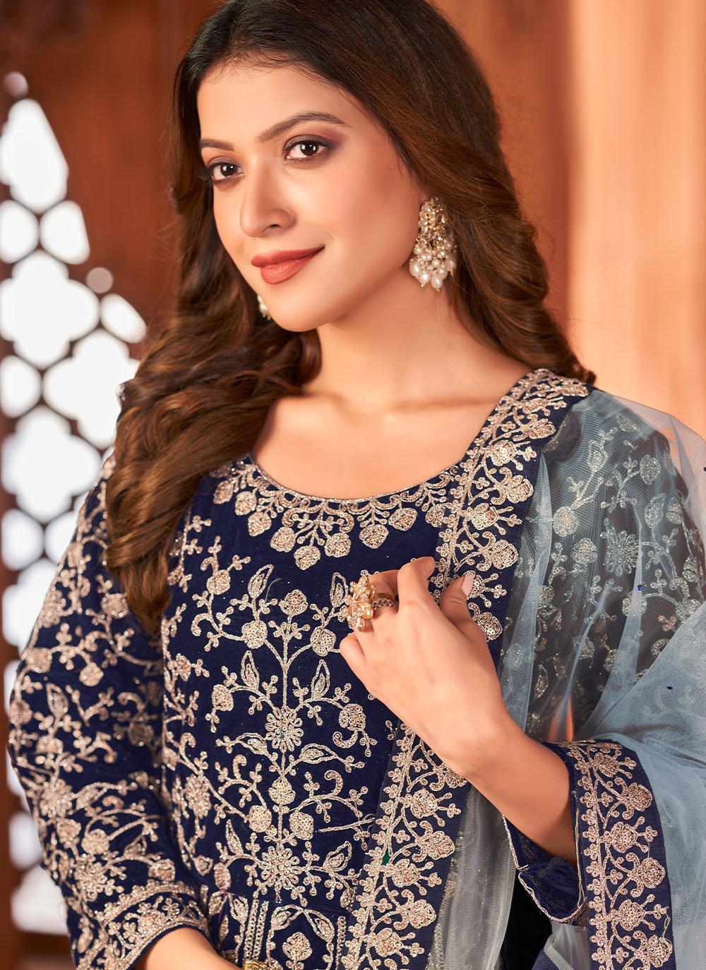 Anarkali Suit Velvet Blue Embroidered Salwar Kameez