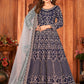 Anarkali Suit Velvet Blue Embroidered Salwar Kameez