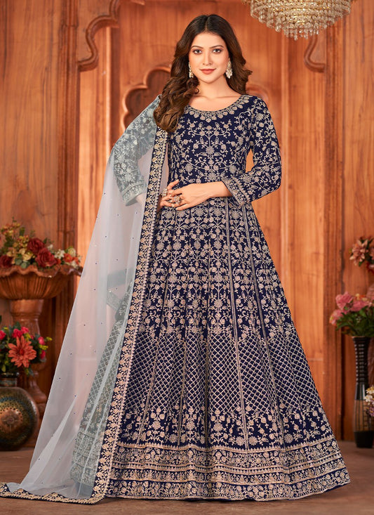 Anarkali Suit Velvet Blue Embroidered Salwar Kameez
