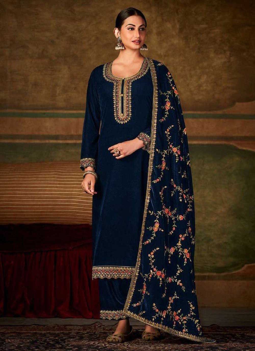 Palazzo Salwar Suit Velvet Blue Embroidered Salwar Kameez