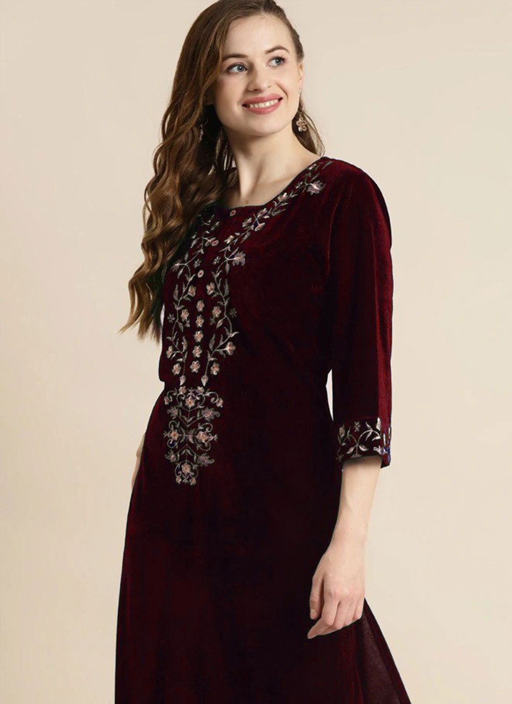 Casual Kurti Velvet Maroon Embroidered Kurtis