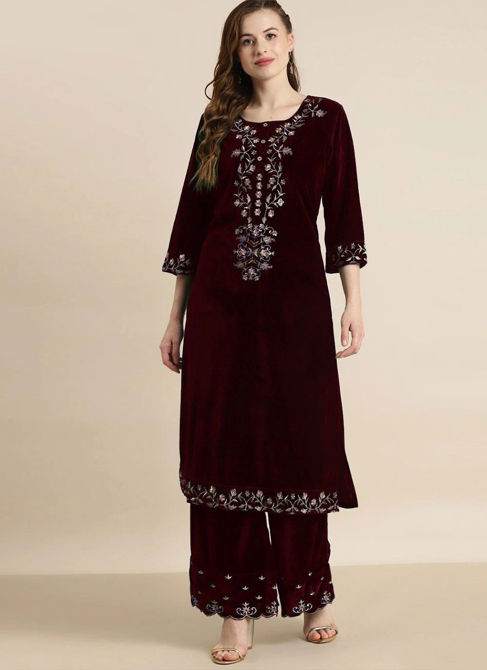 Casual Kurti Velvet Maroon Embroidered Kurtis