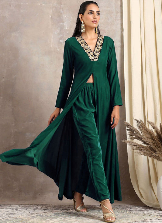 Designer Kurti Velvet Green Embroidered Kurtis