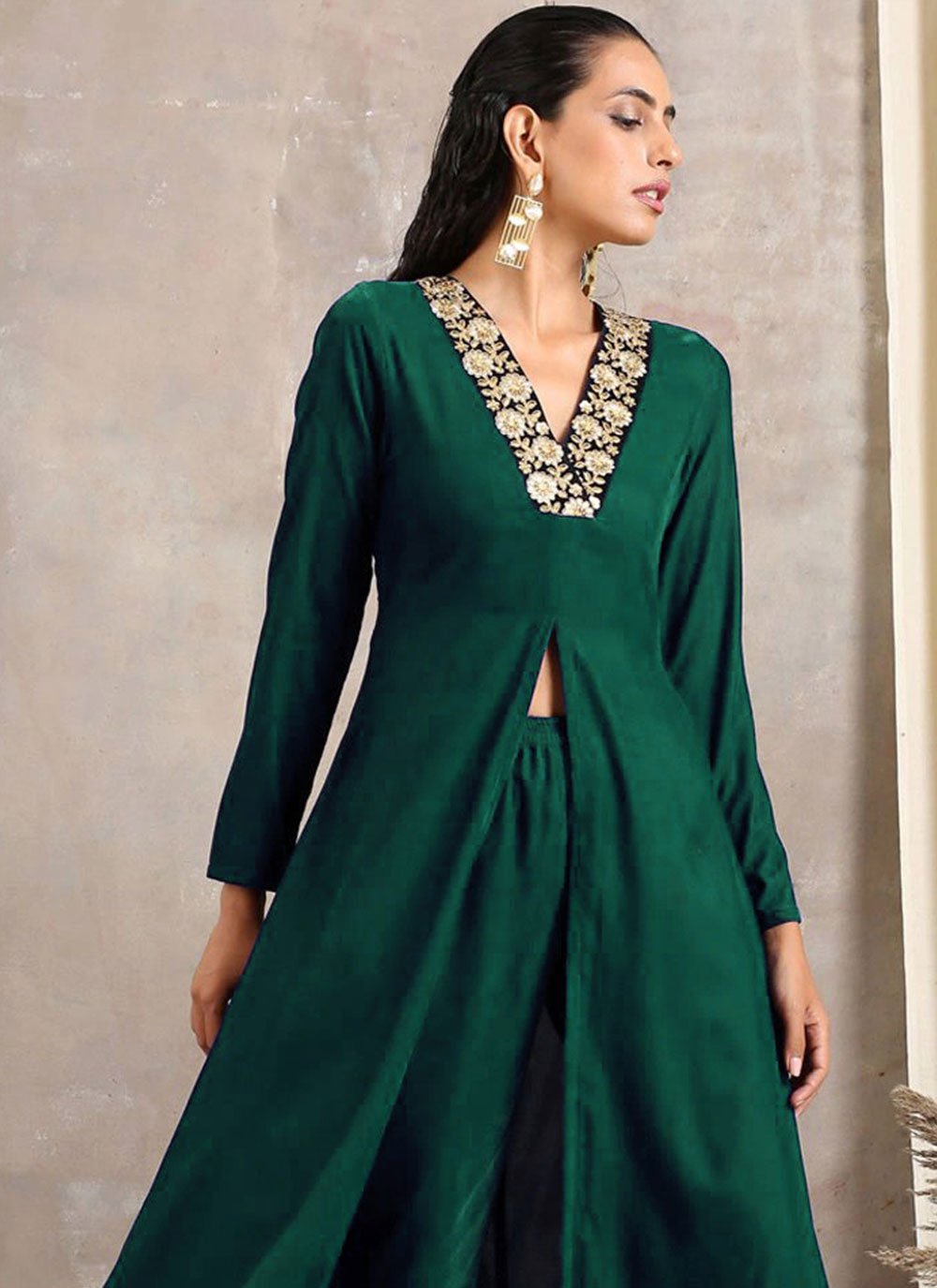 Designer Kurti Velvet Green Embroidered Kurtis