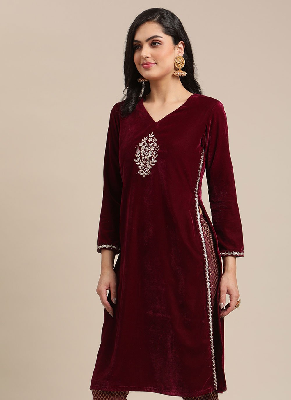 Designer Kurti Velvet Wine Embroidered Kurtis