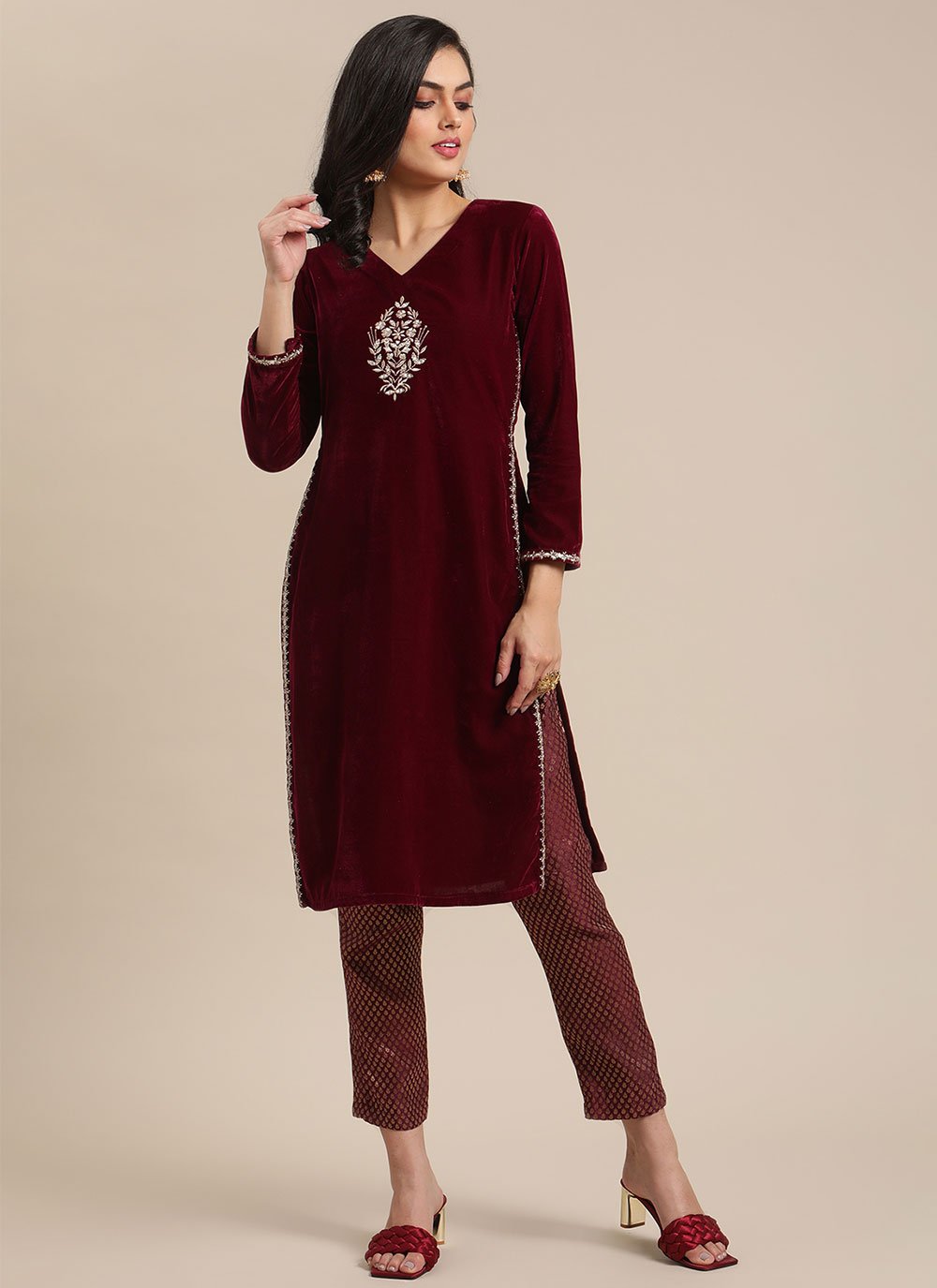 Designer Kurti Velvet Wine Embroidered Kurtis