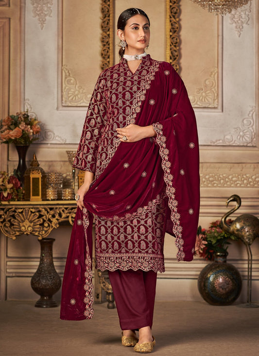 A Line Lehenga Velvet Maroon Embroidered Salwar Kameez