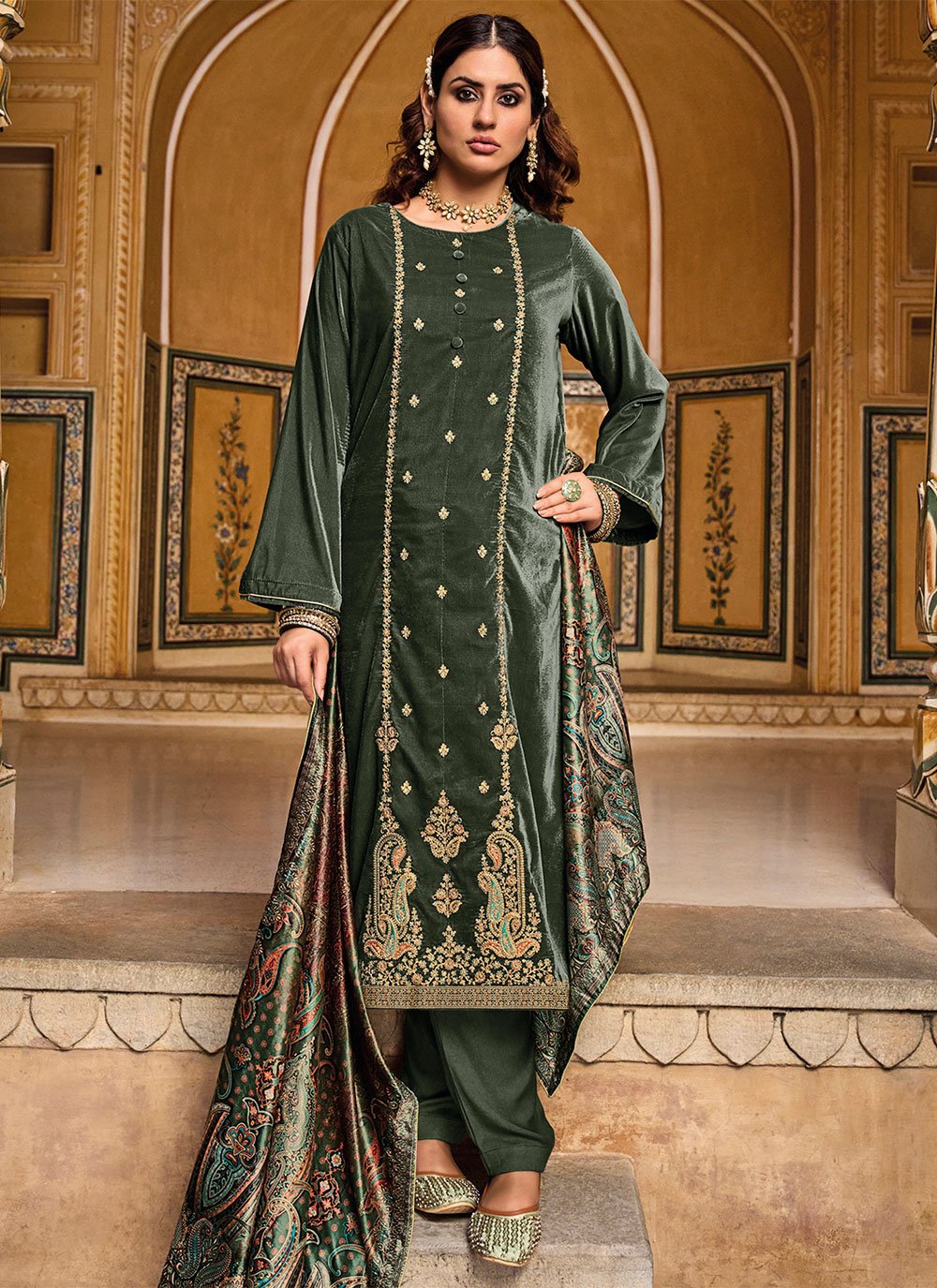 Pant Style Suit Velvet Green Embroidered Salwar Kameez