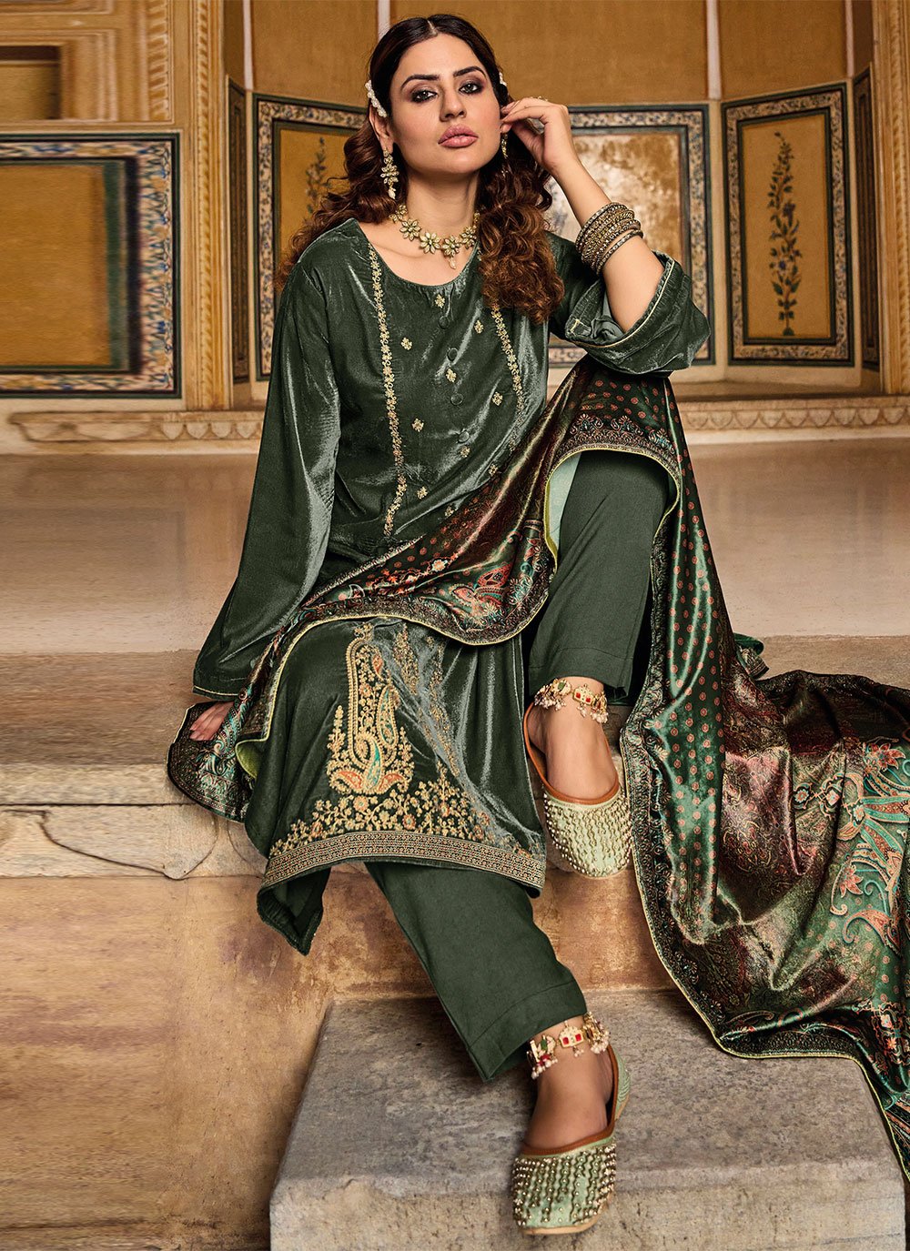 Pant Style Suit Velvet Green Embroidered Salwar Kameez