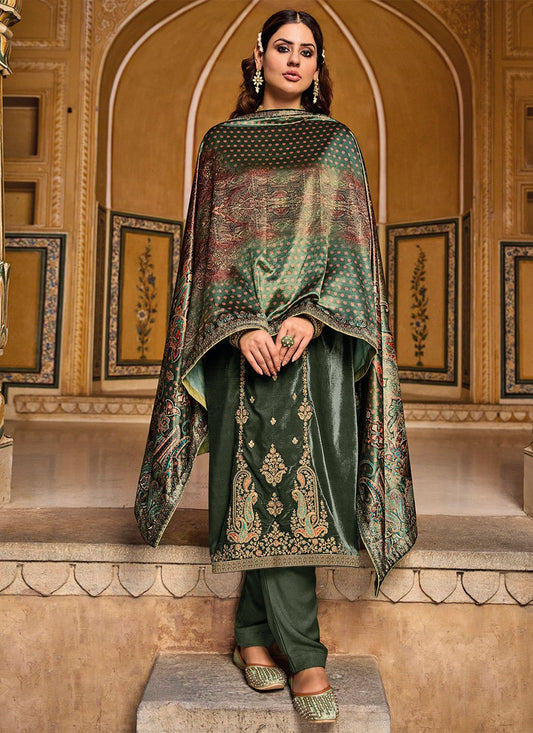 Pant Style Suit Velvet Green Embroidered Salwar Kameez