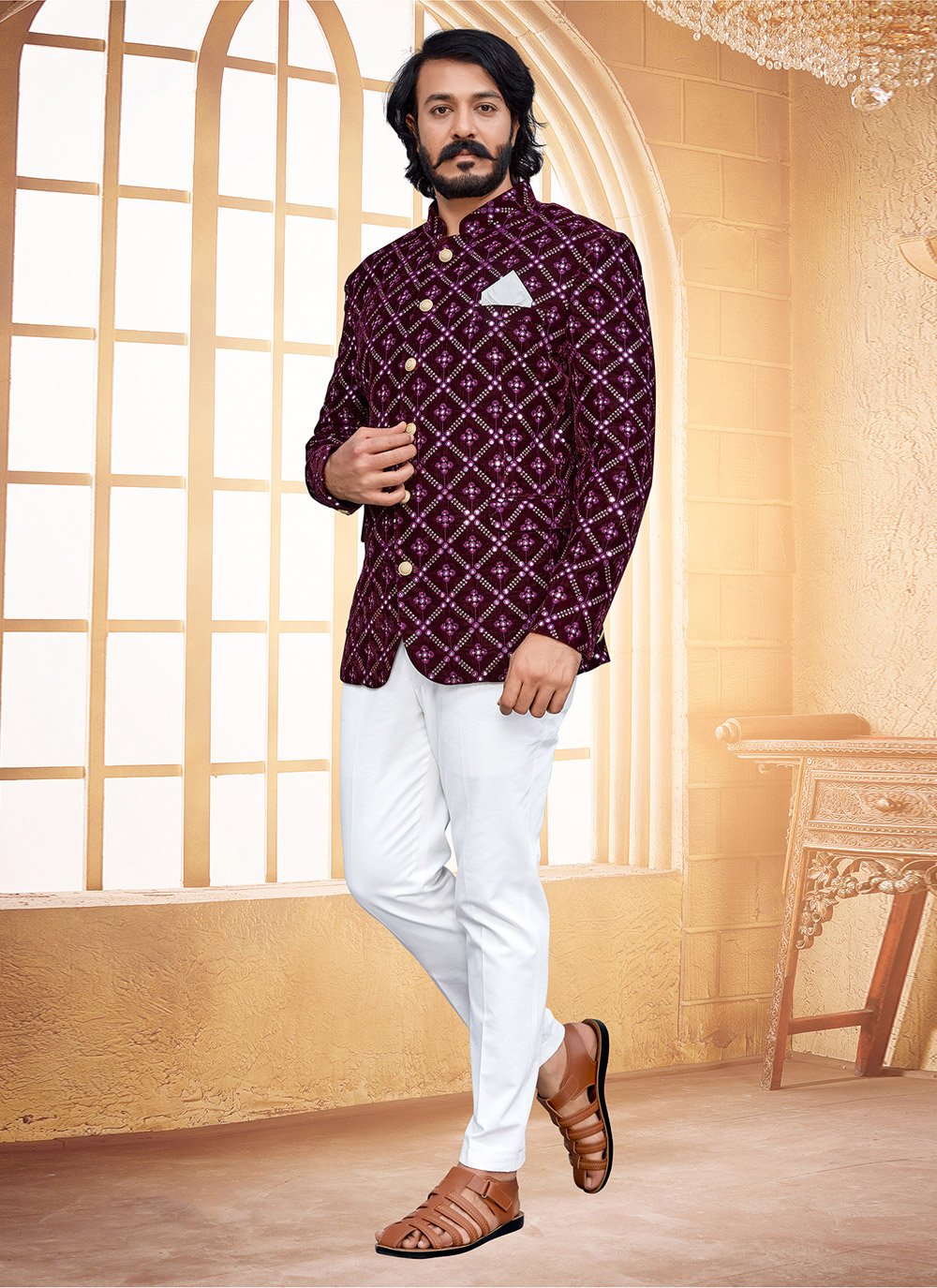 Jodhpuri Suit Velvet Purple Embroidered Mens