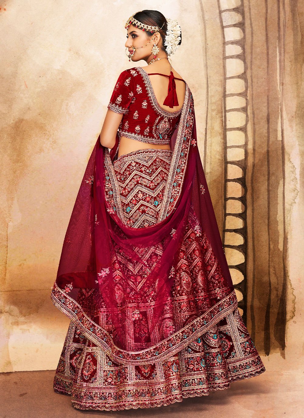 Lehenga Choli Velvet Maroon Dori Work Lehenga Choli