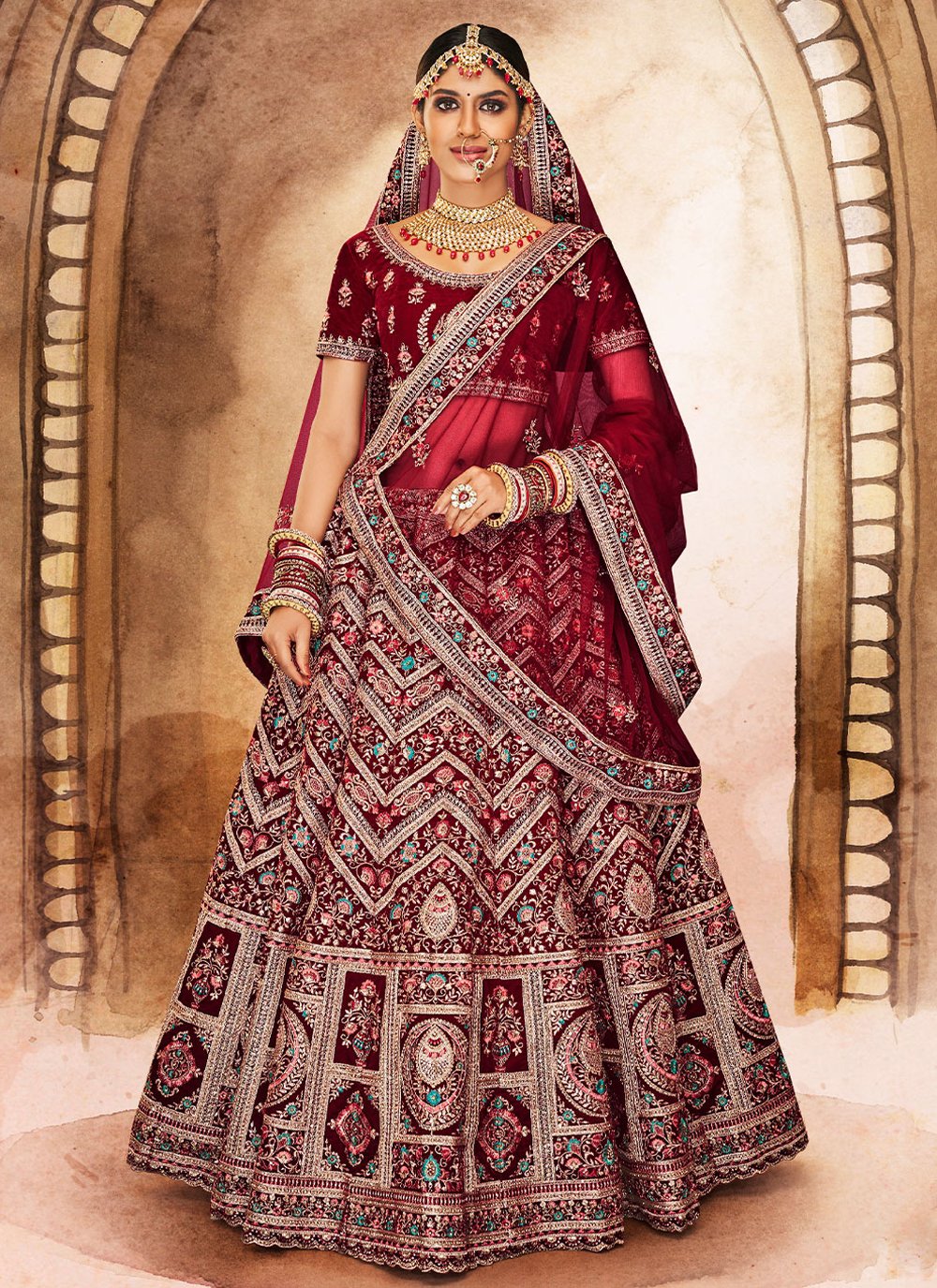 Lehenga Choli Velvet Maroon Dori Work Lehenga Choli