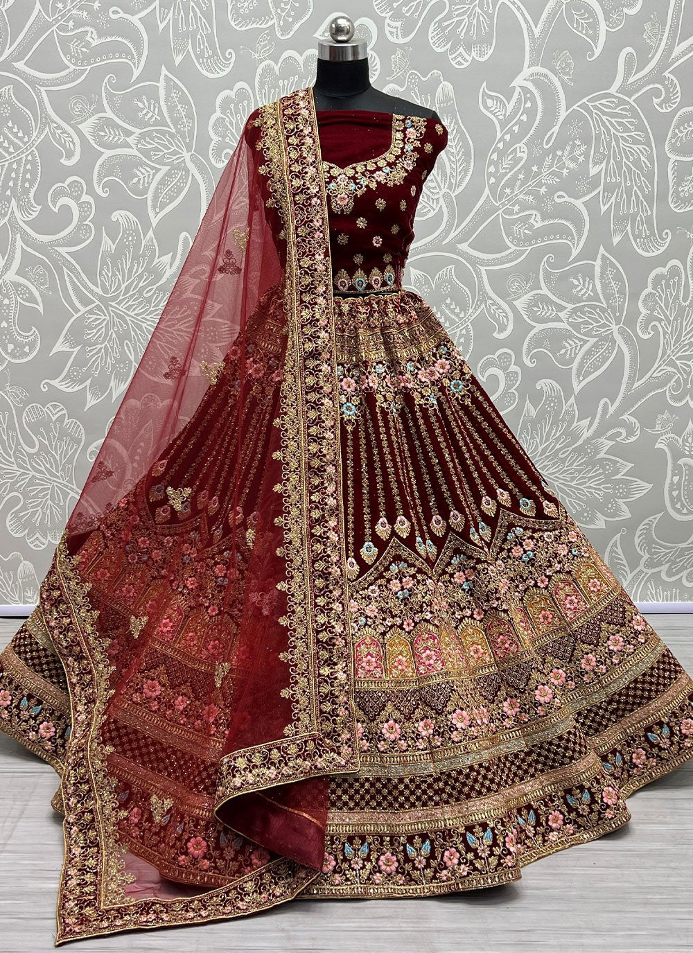 Lehenga Choli Velvet Maroon Dori Work Lehenga Choli