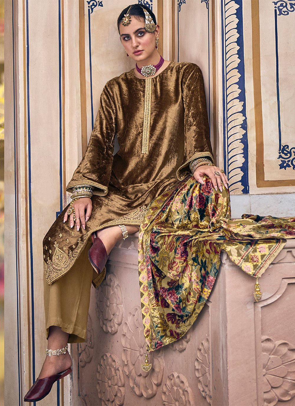 Palazzo Salwar Suit Velvet Gold Embroidered Salwar Kameez