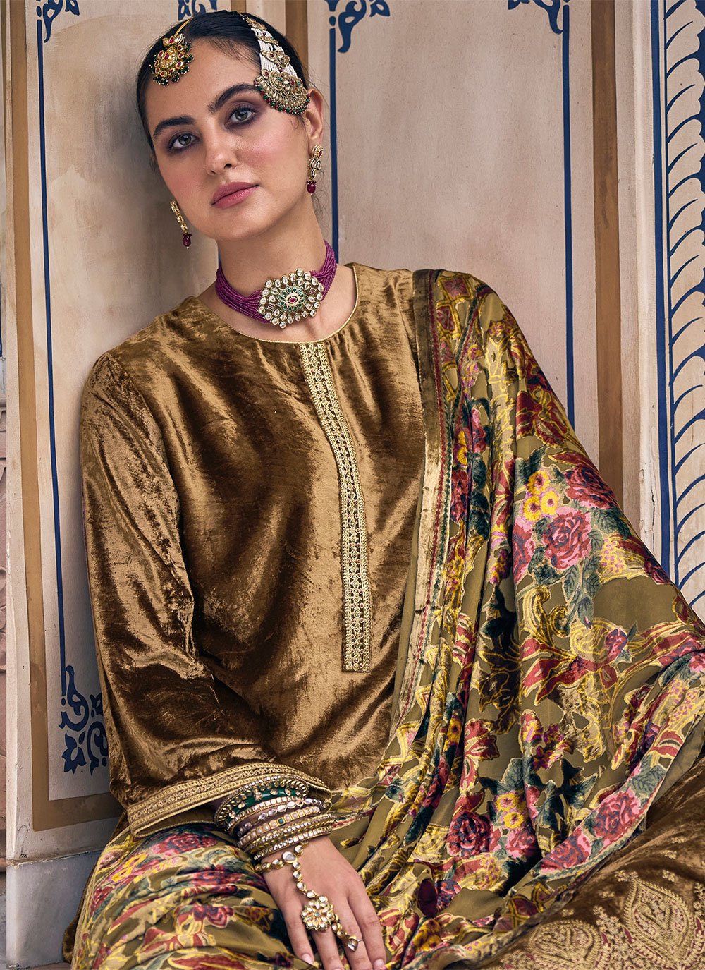 Palazzo Salwar Suit Velvet Gold Embroidered Salwar Kameez