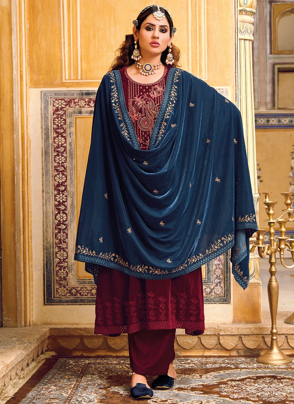 Palazzo Salwar Suit Velvet Maroon Embroidered Salwar Kameez