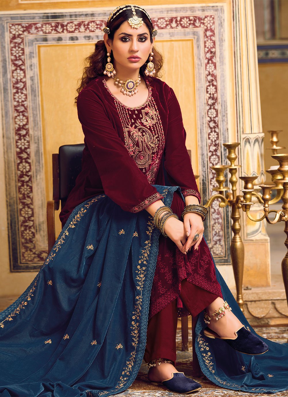 Palazzo Salwar Suit Velvet Maroon Embroidered Salwar Kameez