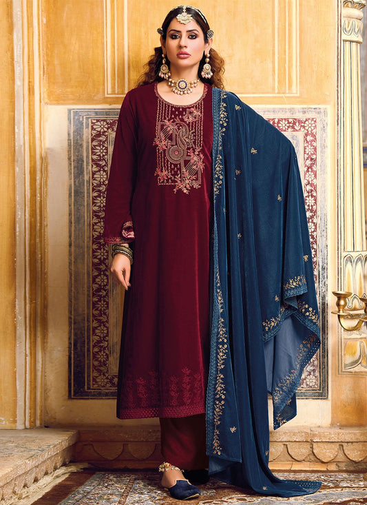 Palazzo Salwar Suit Velvet Maroon Embroidered Salwar Kameez