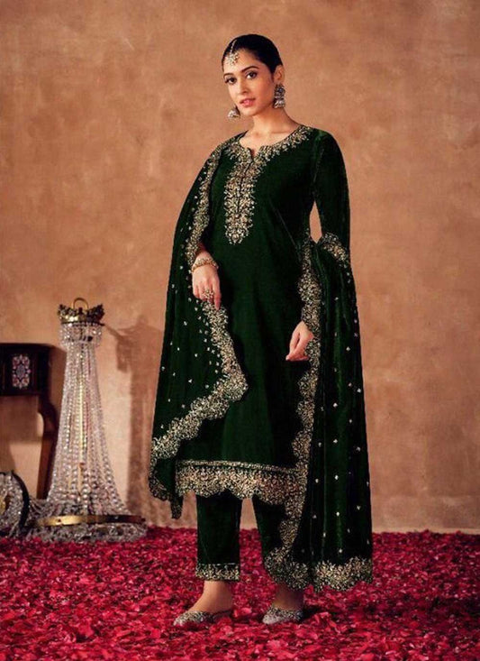 Pant Style Suit Velvet Green Embroidered Salwar Kameez