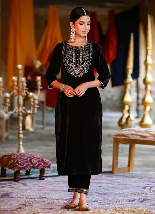 Party Wear Kurti Velvet Black Embroidered Kurtis