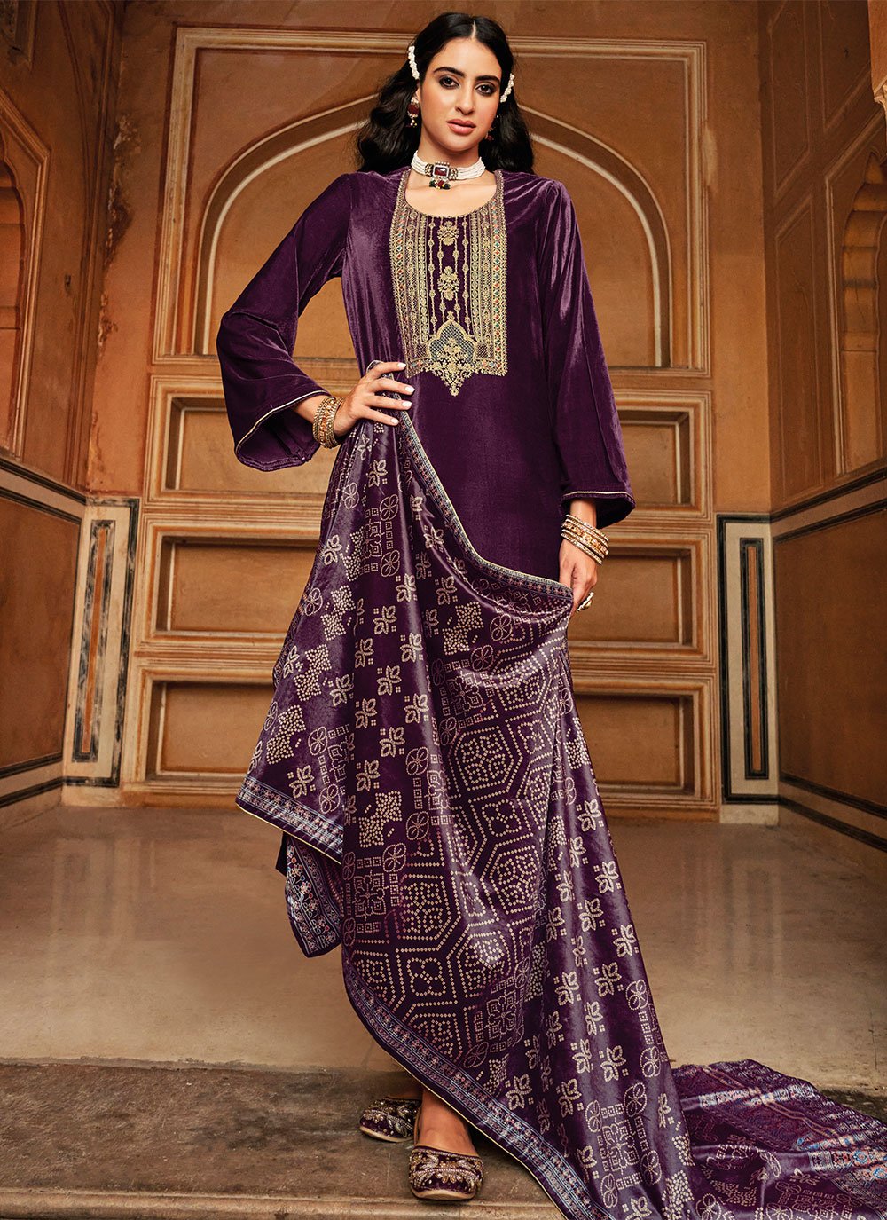 Salwar Suit Velvet Purple Embroidered Salwar Kameez