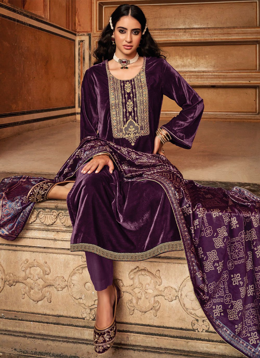 Salwar Suit Velvet Purple Embroidered Salwar Kameez